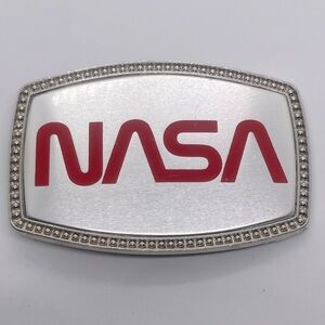 Vtg 80s Nasa Space Center Program Science Jpl Geekery Alumaline Belt Buckle